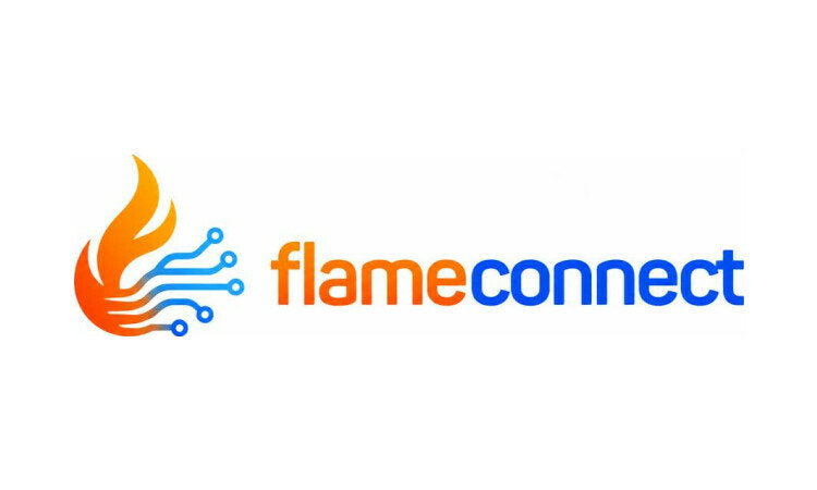 YetiDomains FlameConnect.com domain name logo featuring a fiery flame design and modern typography.