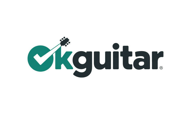 OKGuitar.com domain name logo by YetiDomains, featuring a guitar-themed design and branding on a professional logo image.