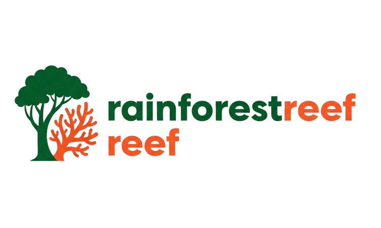 RainforestReef.com domain name logo with YetiDomains branding, featuring a vibrant rainforest and reef illustration.