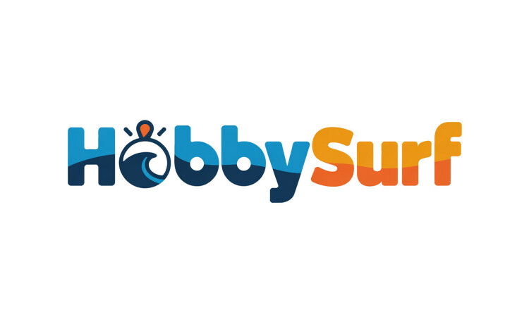 YetiDomains HobbySurf.com domain name logo featuring a stylized surfboard and wave design in blue and white.