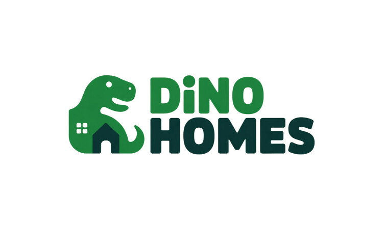 YetiDomains DinoHomes.com domain name logo featuring a stylized dinosaur graphic and modern typography.