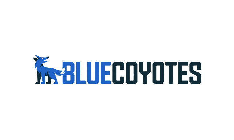 BlueCoyotes domain name logo with YetiDomains branding, featuring a sleek blue coyote graphic on a white background.