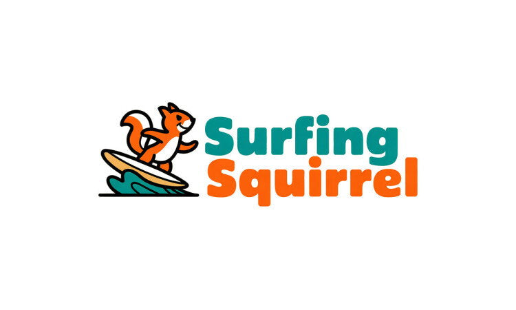 YetiDomains SurfingSquirrel.com domain name logo with stylized squirrel and surfing theme on a white background.