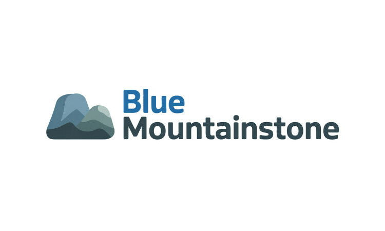 YetiDomains BlueMountainStone.com domain name logo with blue mountain design on a white background