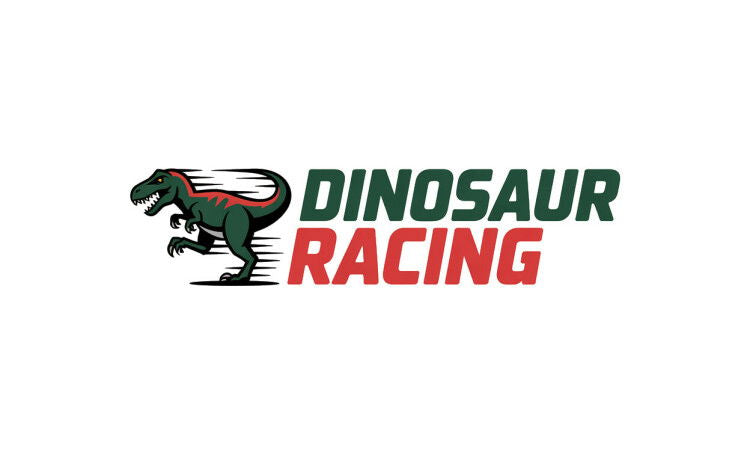 YetiDomains DinosaurRacing.com domain logo featuring a dinosaur racing graphic on a white background