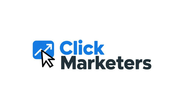 YetiDomains ClickMarketers.com domain name logo with a modern design and branding elements.