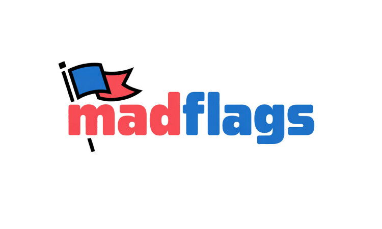 YetiDomains MadFlags.com domain name logo with stylized flag design and bold lettering on a white background