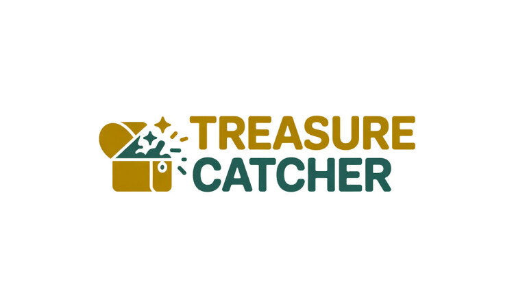 YetiDomains TreasureCatcher.com domain name logo with a treasure chest graphic and modern font on a white background.