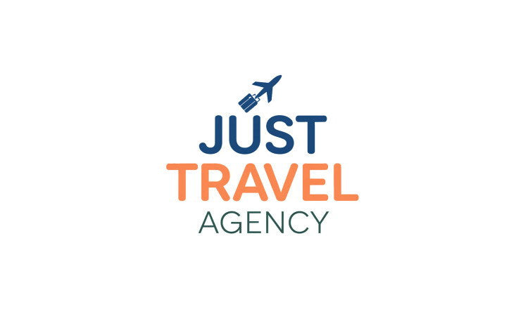 YetiDomains logo for JustTravelAgency.com domain name, featuring a professional design with travel-themed graphics.
